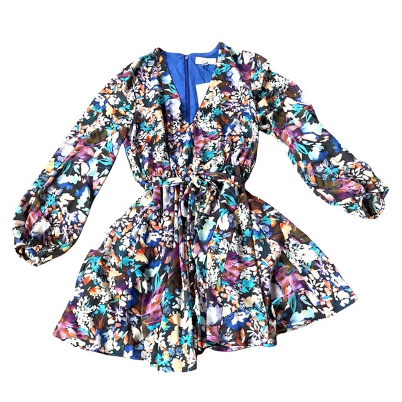 BELLE BADGLEY MISCHKA BLUE PURPLE MULTICOLOR FLORAL V-NECK MINI DRESS - Picture 6 of 16